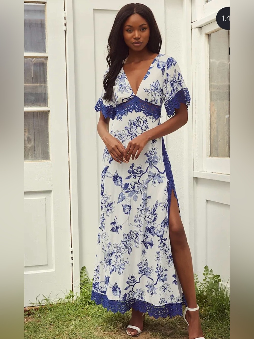 Lulus Sweeten the Occasion‎ Blue & White Floral Lace Trim Maxi Dress Small NWT